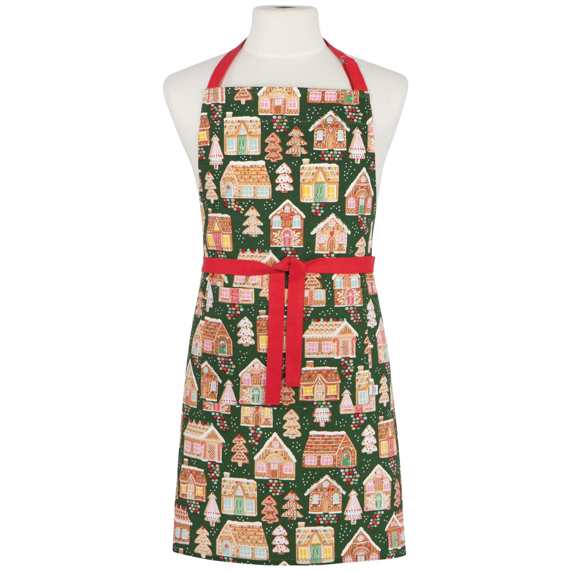 Gumdrop Lane Christmas apron with gingerbread houses and candy