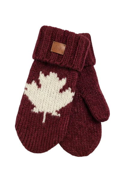 Maple Ice Mittens in burgundy with a white maple leaf