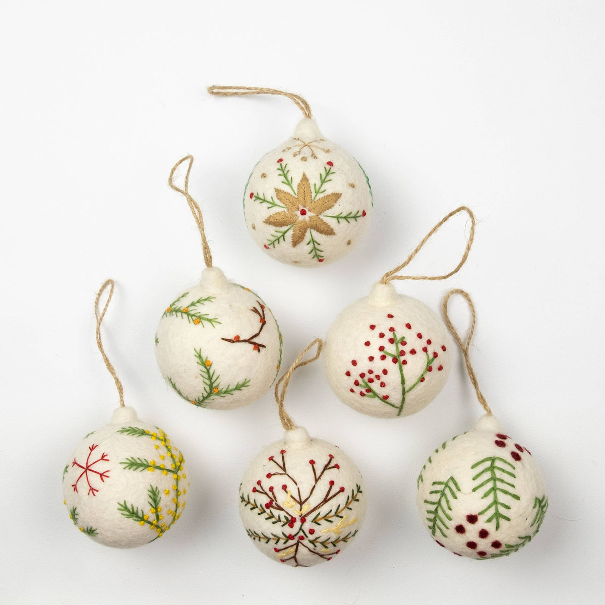 Felt Ball Hand Embroidered White / Red Assorted