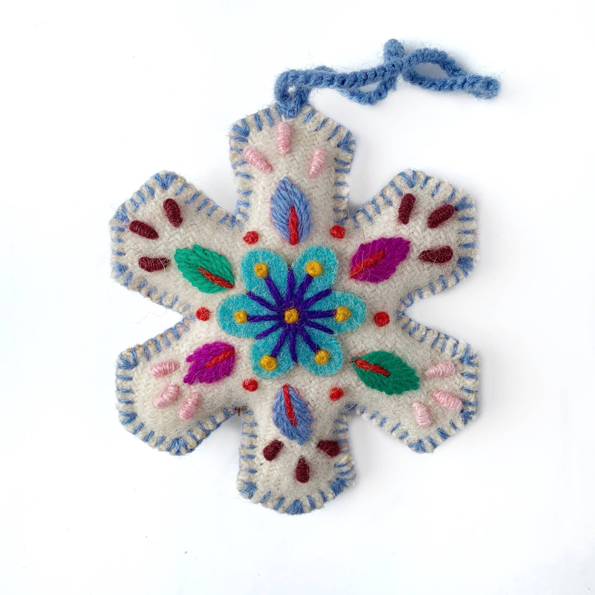 White Snowflake Embroidered Christmas Ornament, Various Colors