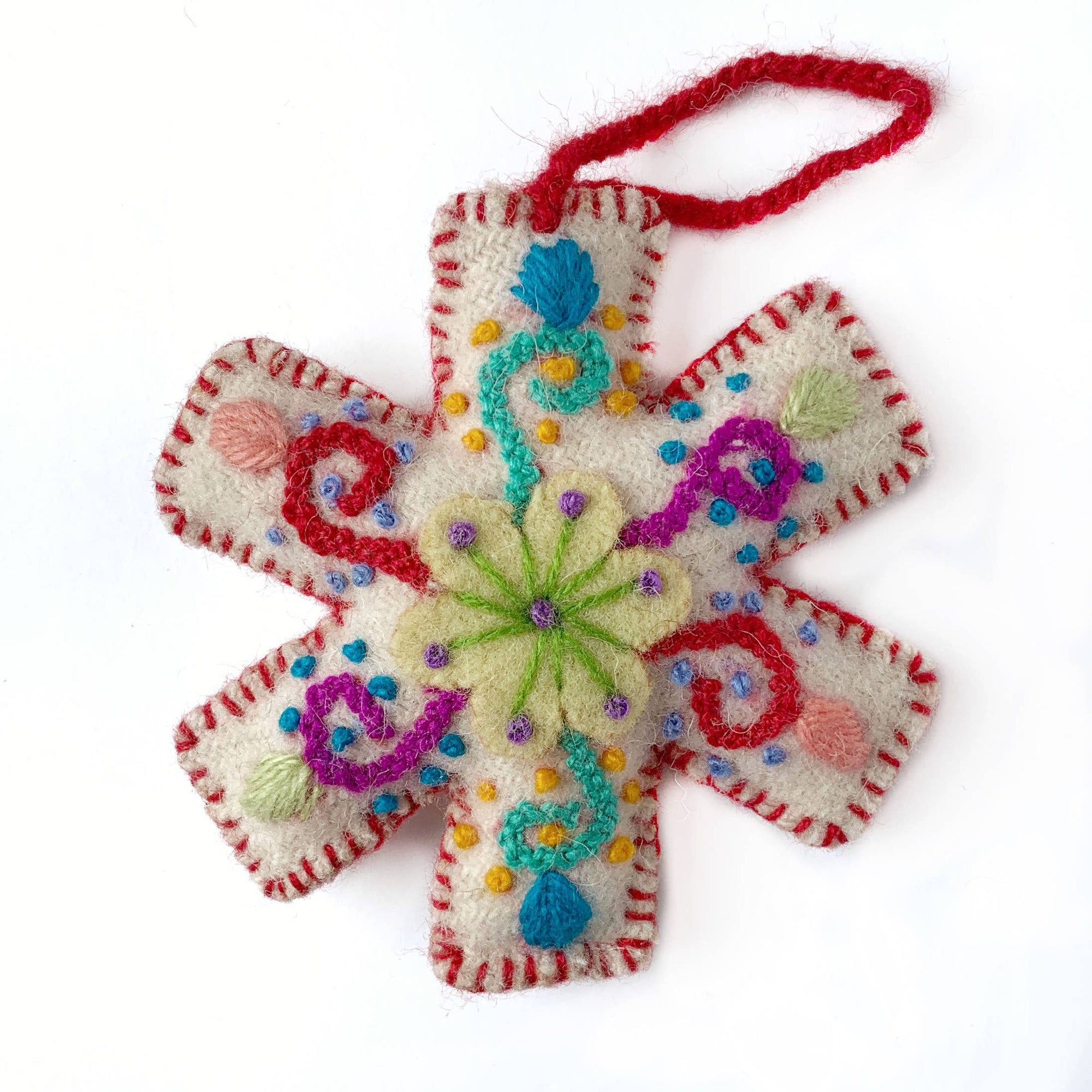 White Snowflake Embroidered Christmas Ornament, Various Colors