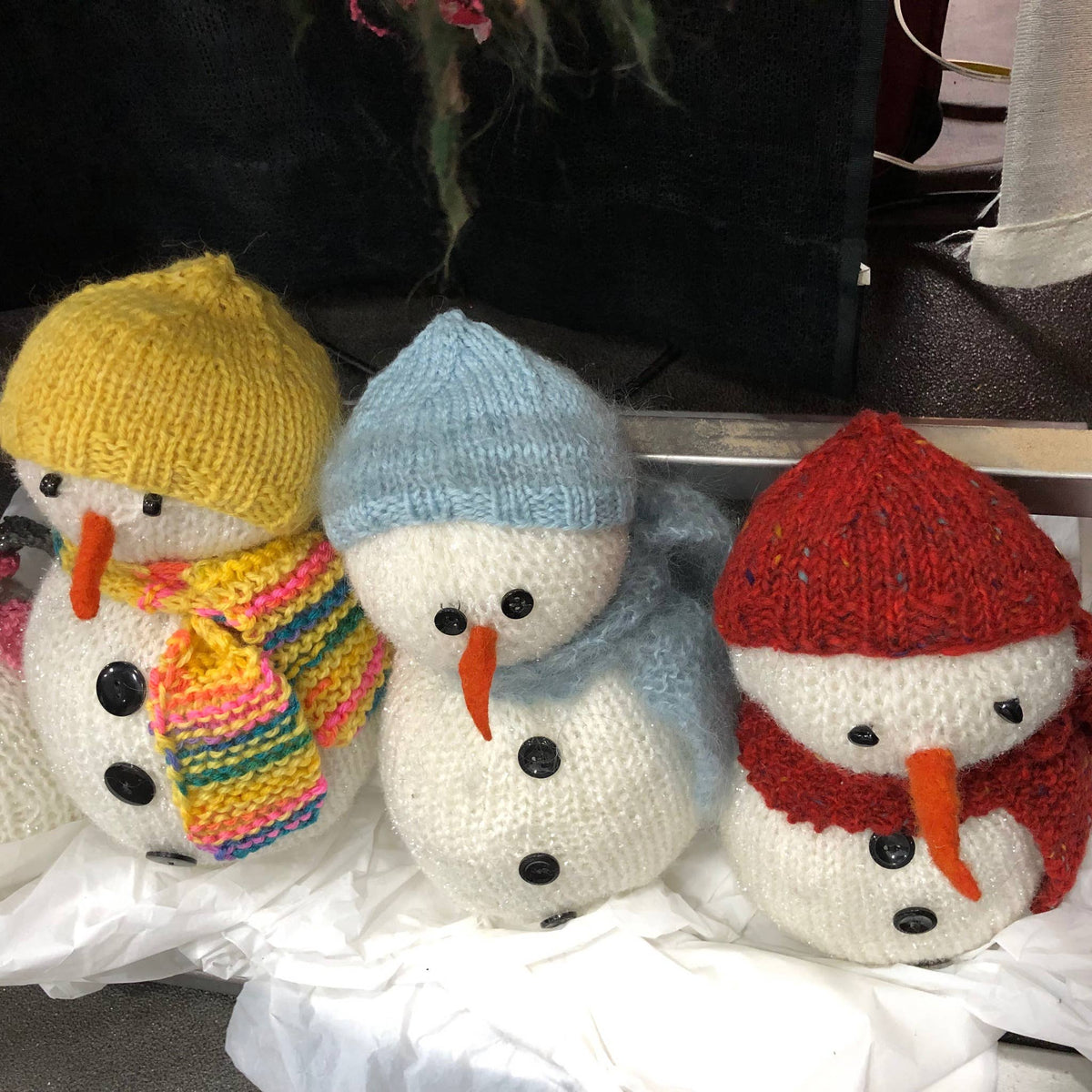 Hand Knit Sparkly Yarn Snowman Christmas Decoration