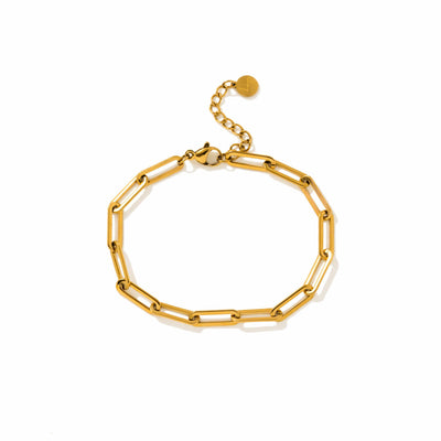 Bold paperclip bracelet in gold by Lover's Tempo, styled photo