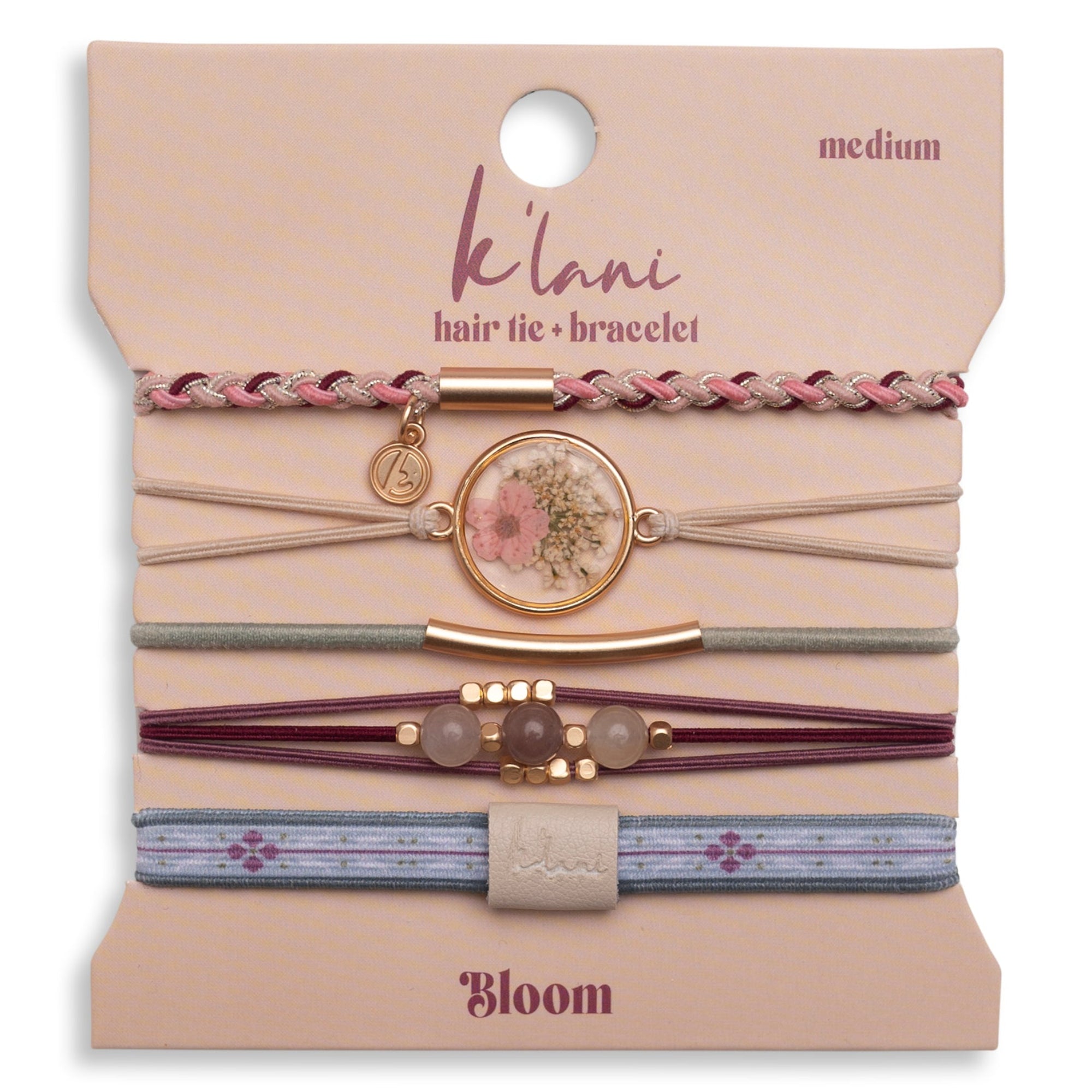 K'lani Bloom Hair Tie Bracelet in maroon pink with pressed flowers