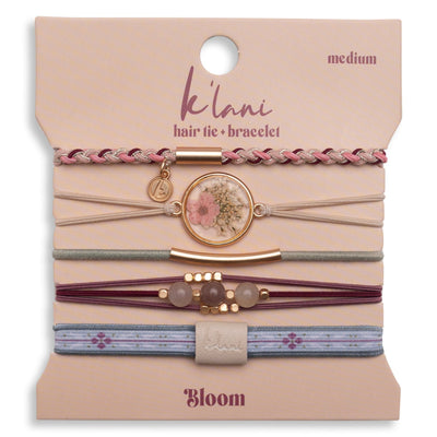 K'lani Bloom Hair Tie Bracelet in maroon pink with pressed flowers