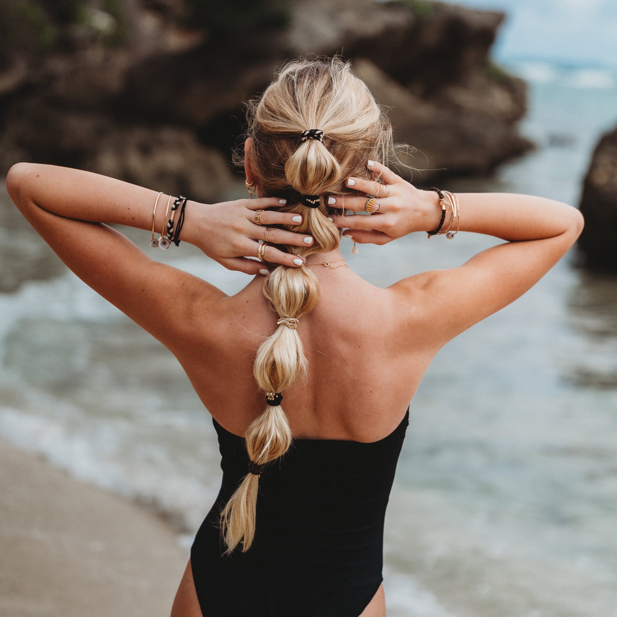 Connect bracelet set showing five coordinated hair tie styles