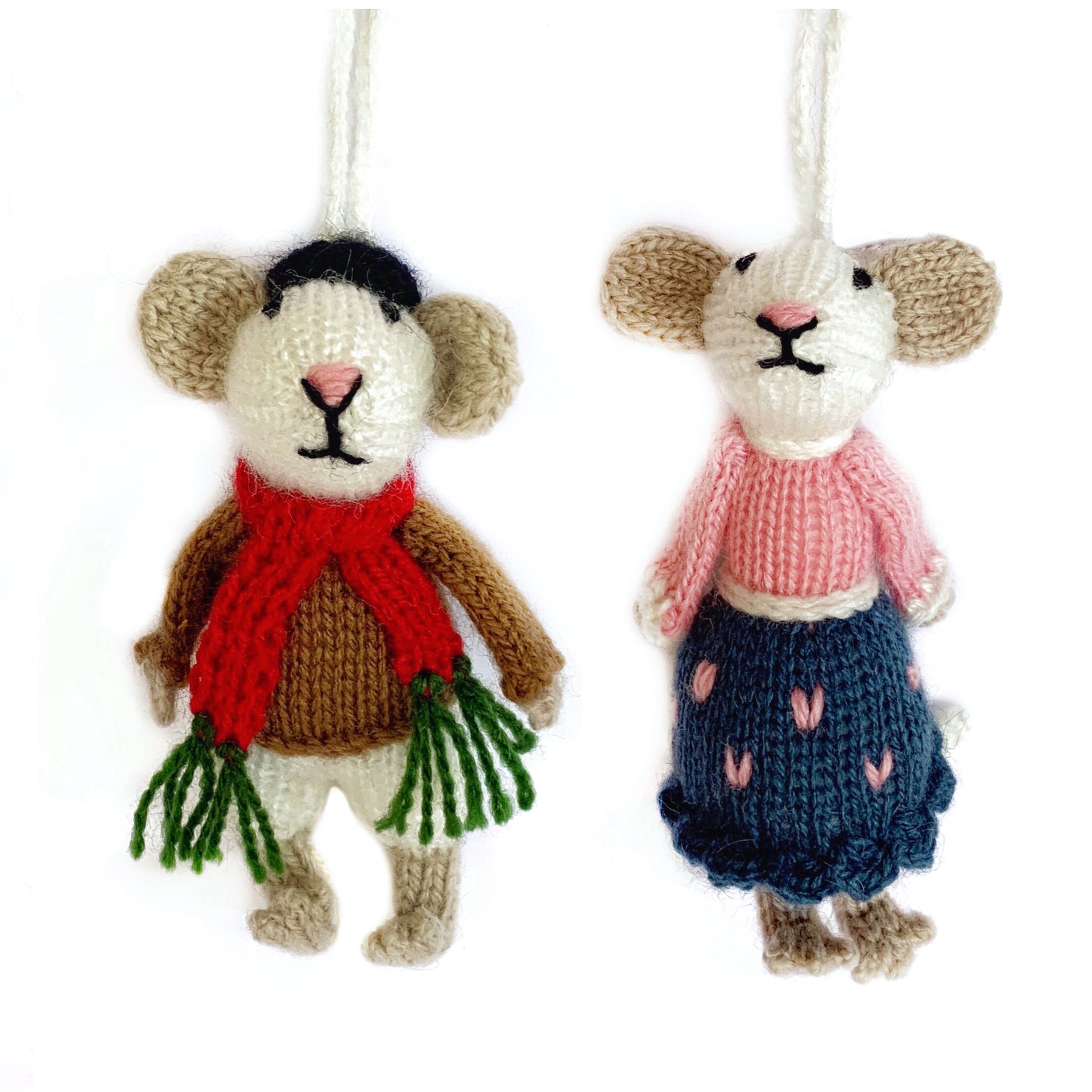 Handmade Mr. and Mrs. Mouse knit Christmas ornaments