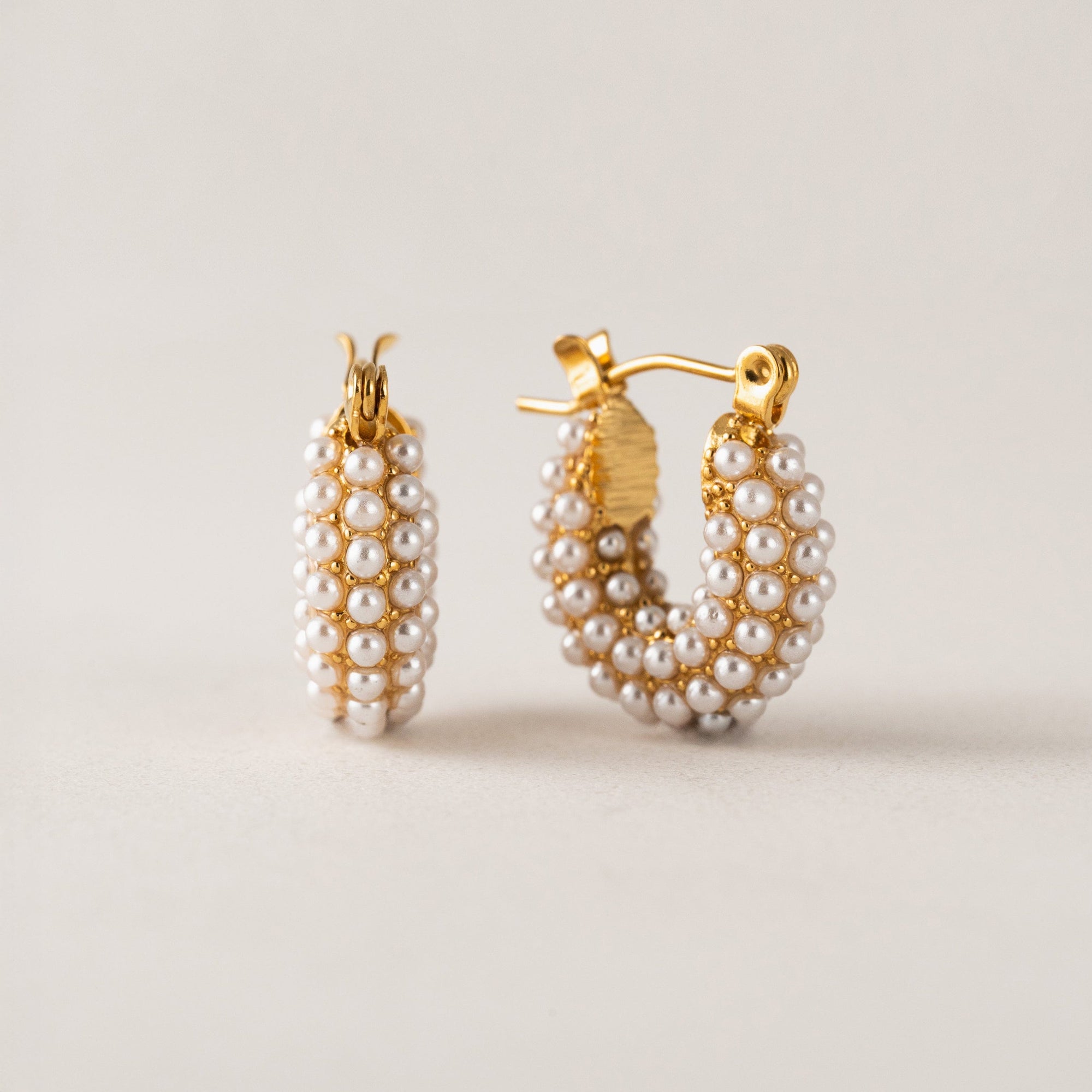 Perla pearl hoop earrings in gold by Lover's Tempo, dotted pearl detail