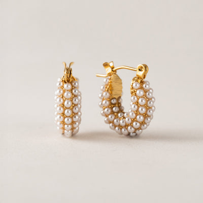 Perla pearl hoop earrings in gold by Lover's Tempo, dotted pearl detail