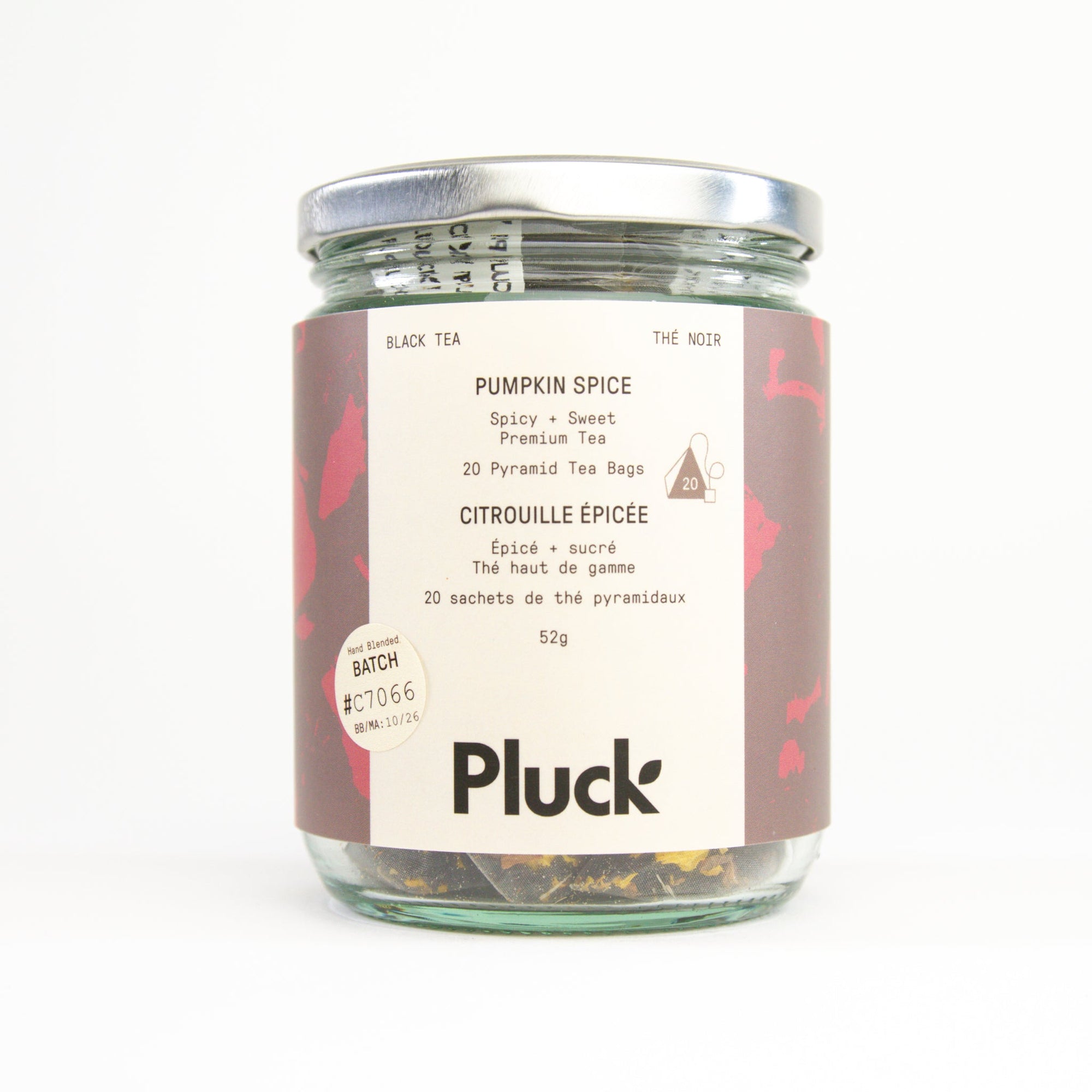 Pluck Tea Pumpkin Spice black tea, jar of 20 tea bags
