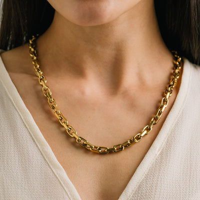 Veya chain necklace in gold by Lover's Tempo, worn