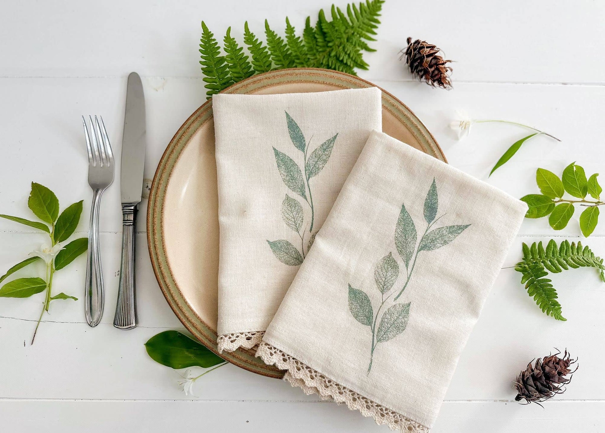 Sage Leaves Linen Reusable Napkin with Lacey Trim Set of 2 - Your Green Kitchen
