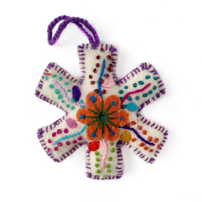 White Snowflake Embroidered Christmas Ornament, Various Colors