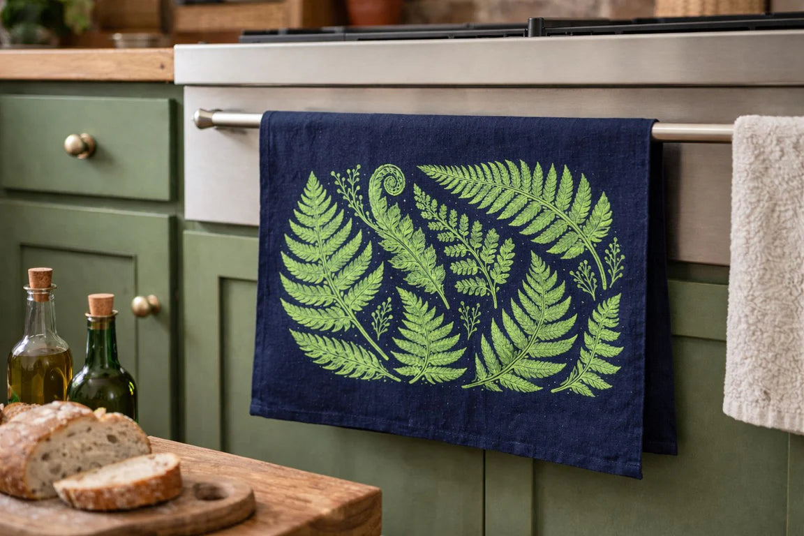 Ferns Navy Linen/Cotton Blend Tea Towel