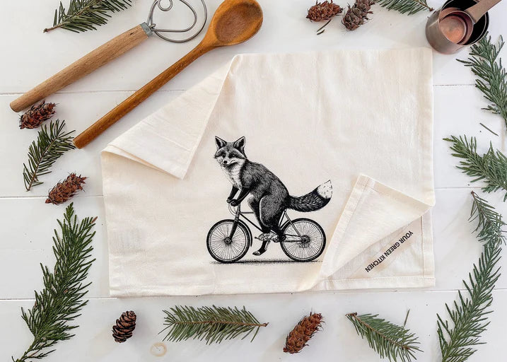 Fox on a Bike Tea / Kitchen Towel with Hang Tag - Your Green Kitchen