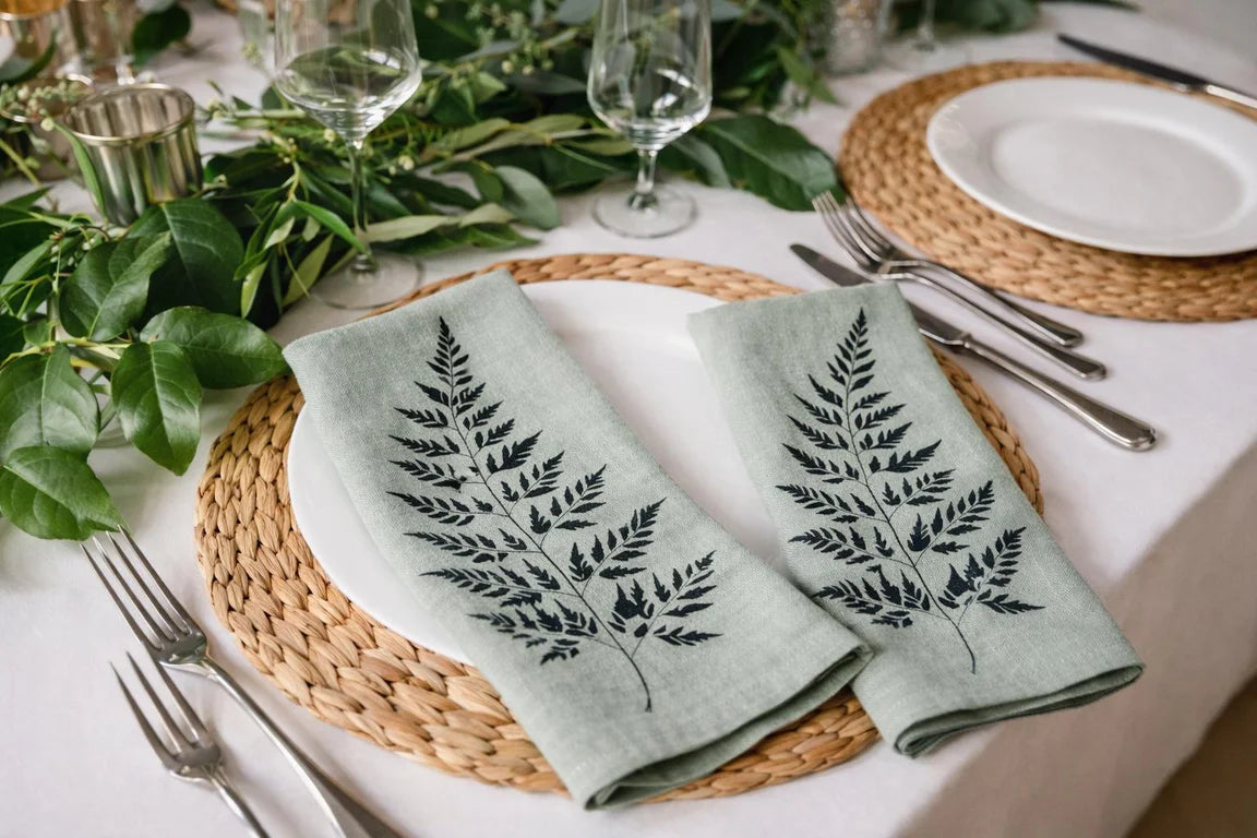 Leafy Fern-Green Smoke Linen Napkin Set of Two - Your Green Kitchen