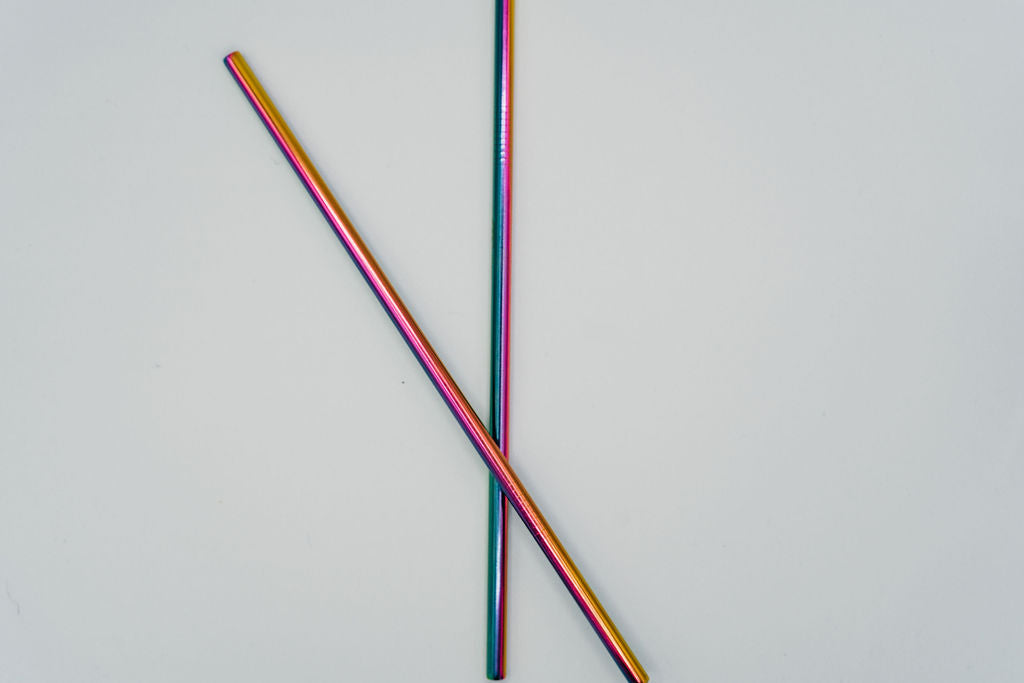 two stainless steel reusable straws straight rainbow