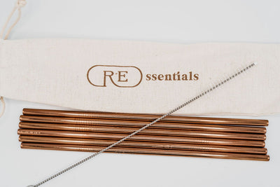 stainless steel reusable straw straight rose gold seven pack with bag and cleaner